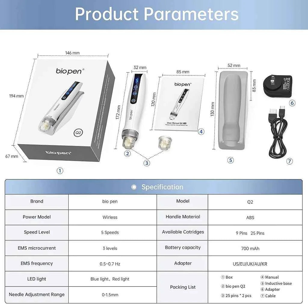 Bio Pen Q2 de Dr. Pen – Stylo de microneedling 3 en 1 avec luminothérapie LED et microcourant 